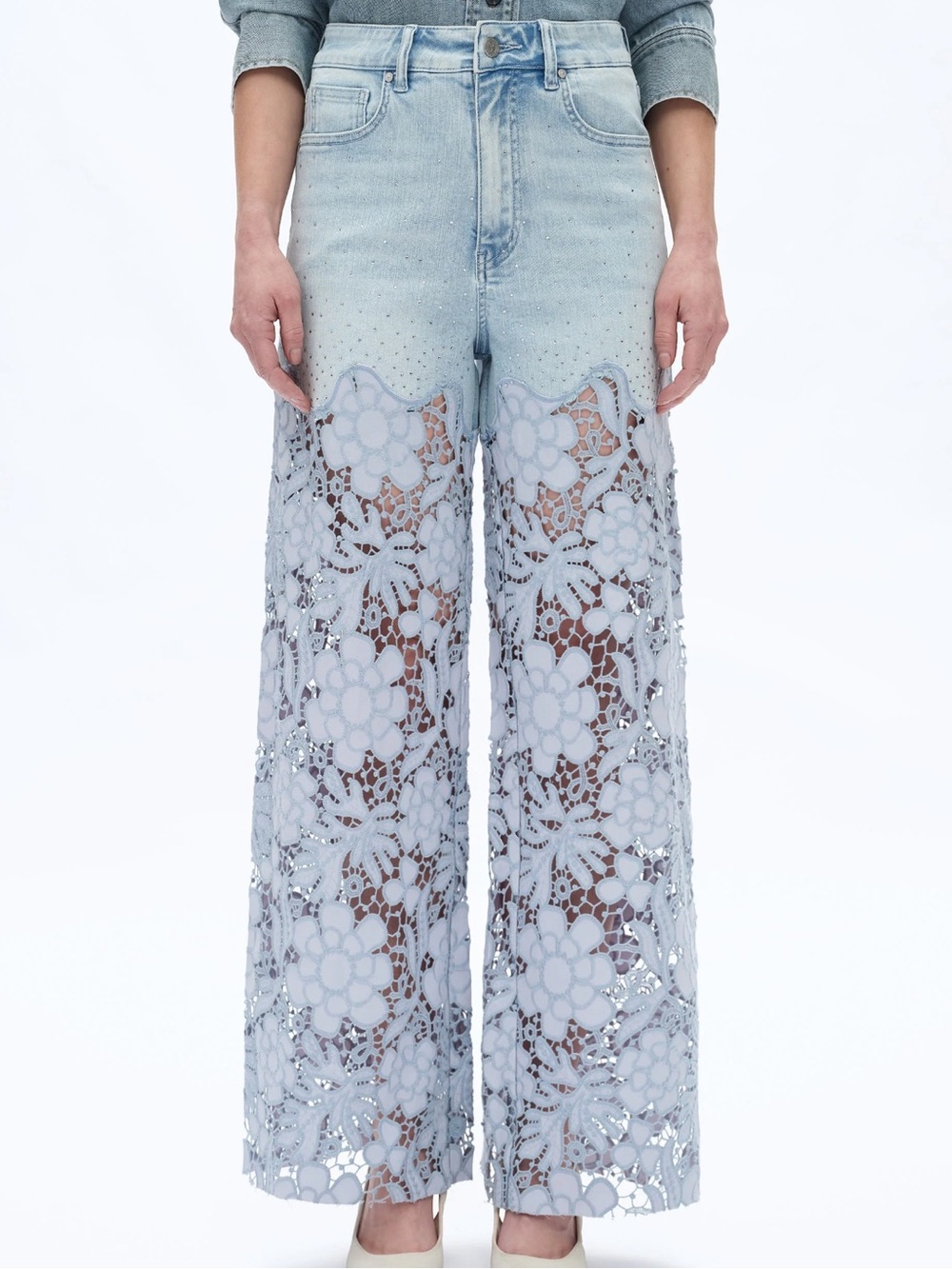 Bayeas Embroidery High Rise Wide Leg Denim Jeans 22 Rhinestones New Lesley Blue
